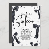  Sweet 16 Modern Stylish Black Bow Birthday Party 招待状 (正面/裏面)