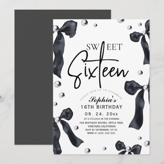  Sweet 16 Modern Stylish Black Bow Birthday Party 招待状 (正面/裏面)