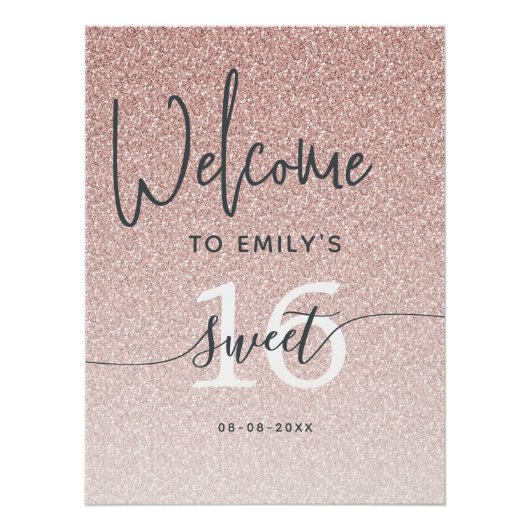 Sweet 16 Party Pink Glitter Welcome Sign Poster ポスター (正面)