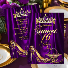 Sweet 16 Party Purple Tiara High heel Purse Gold 招待状