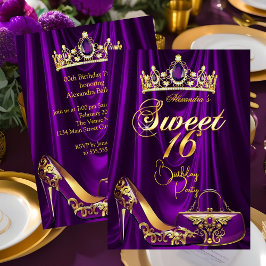 Sweet 16 Party Purple Tiara High heel Purse Gold 招待状
