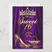 Sweet 16 Party Purple Tiara High heel Purse Gold 招待状 (正面)