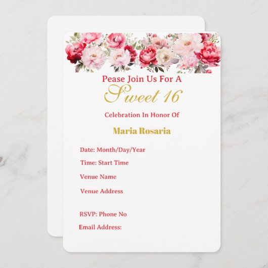 Sweet 16  Personalised Floral Invitation 案内状 (正面/裏面)