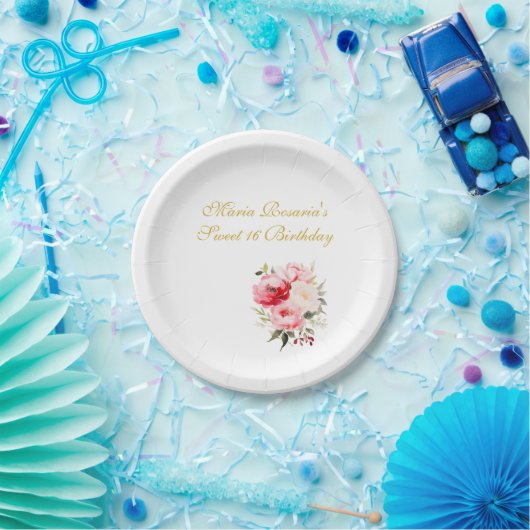 Sweet 16 Personalized Floral Tableware ペーパープレート (パーティー)