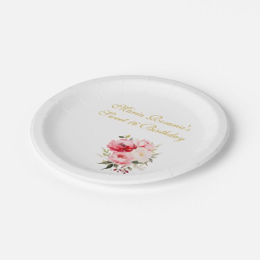 Sweet 16 Personalized Floral Tableware ペーパープレート (アングル)