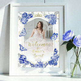 Sweet 16 Photo Welcome Sign Butterfly 王室の Blue ポスター