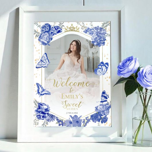 Sweet 16 Photo Welcome Sign Butterfly 王室の Blue ポスター