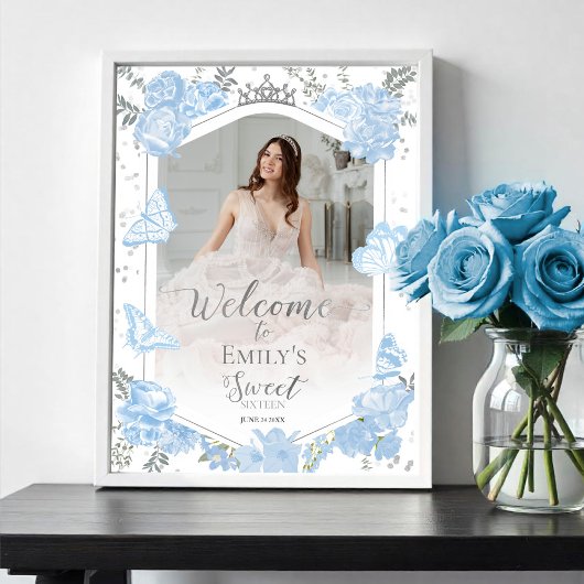 Sweet 16 Photo Welcome Sign Butterfly Dusty Blue ポスター