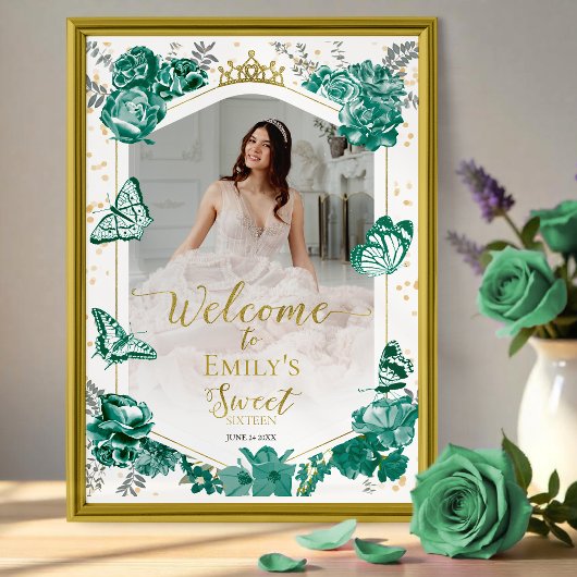 Sweet 16 Photo Welcome Sign Butterfly Green ポスター