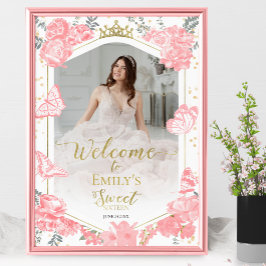 Sweet 16 Photo Welcome Sign Butterfly Pinkフローラ ポスター