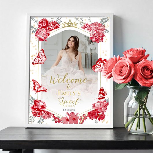 Sweet 16 Photo Welcome Sign Butterfly Redフローラ ポスター