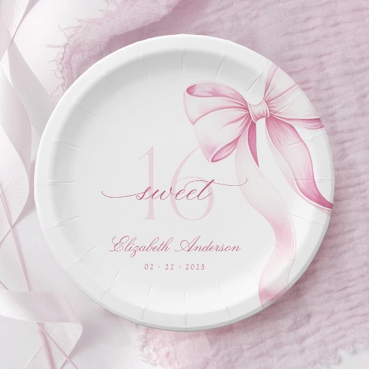 Sweet 16 Pink Bow Paper Plates ペーパープレート