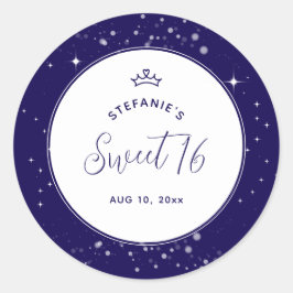 Sweet 16 Princess Tiara Crown Navy Blue Birthday ラウンドシール