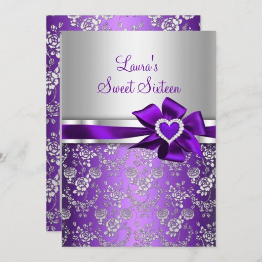 Sweet 16 Purple Bow & Nouncements 招待状 (正面/裏面)