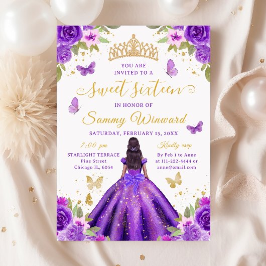 Sweet 16 Purple Princess African American Girl 招待状