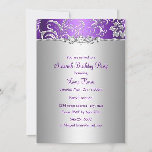 Sweet 16 Purple & Silverのフローラ発表 招待状 (裏面)