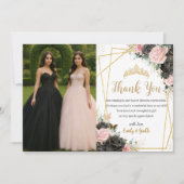 Sweet 16 Quinceanera 黒とピンクの花 ツインズ 写真 サンキューカード (正面)