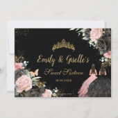 Sweet 16 Quinceanera Black Pink Floral Twins Photo サンキューカード (裏面)