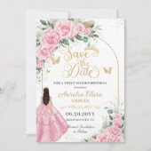 Sweet 16 Quinceanera Pink Roses Floral Fair Gold セーブザデート (正面)