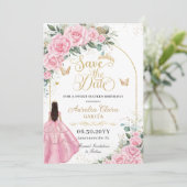 Sweet 16 Quinceanera Pink Roses Floral Fair Gold セーブザデート (スタンド正面)