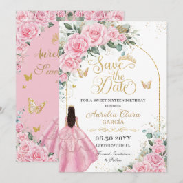 Sweet 16 Quinceanera Pink Roses Floral Fair Gold セーブザデート