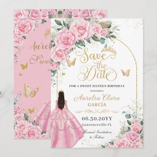 Sweet 16 Quinceanera Pink Roses Floral Fair Gold セーブザデート (正面/裏面)