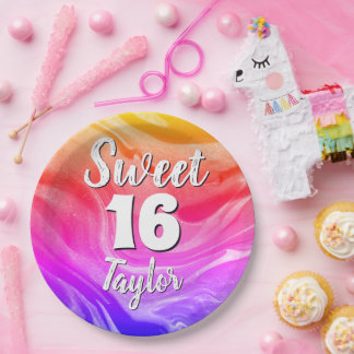 Sweet 16 Rainbow Colored Marble Personalized ペーパープレート