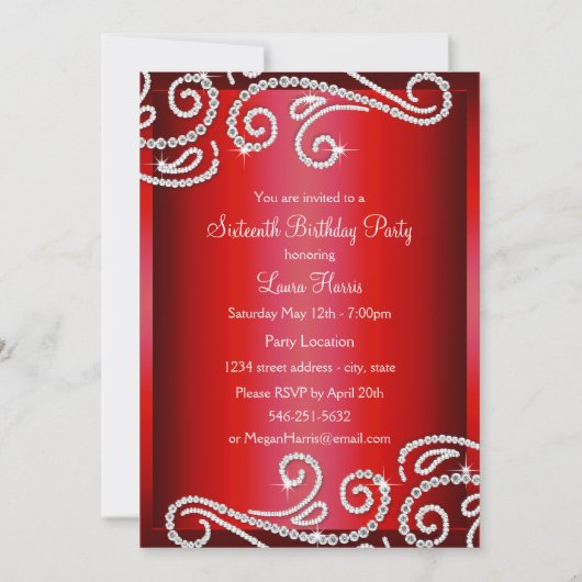 Sweet 16 Red Bow & Sparkle Diamondのお知らせ 招待状 (裏面)