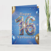 Sweet 16 Royal Blue Gold Glitter Balloon Birthday カード (正面)