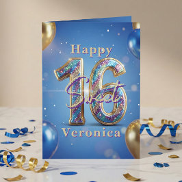 Sweet 16 Royal Blue Gold Glitter Balloon Birthday カード