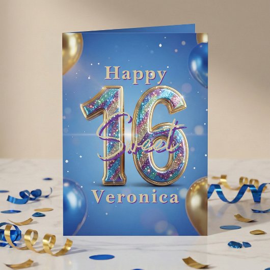 Sweet 16 Royal Blue Gold Glitter Balloon Birthday カード