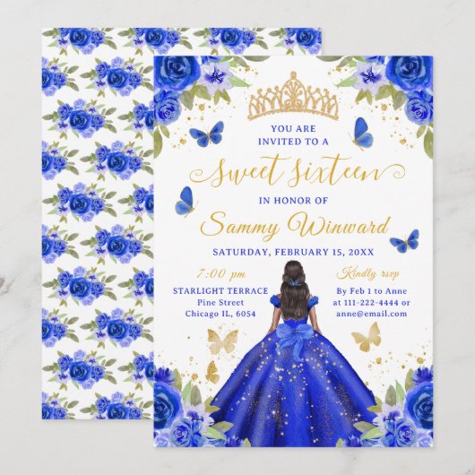 Sweet 16 Royal Blue Princess African American Girl 招待状 (正面/裏面)