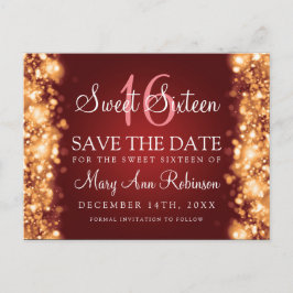 Sweet 16 "Save The Date"ライトきらめく金ゴールド赤 案内ポストカード