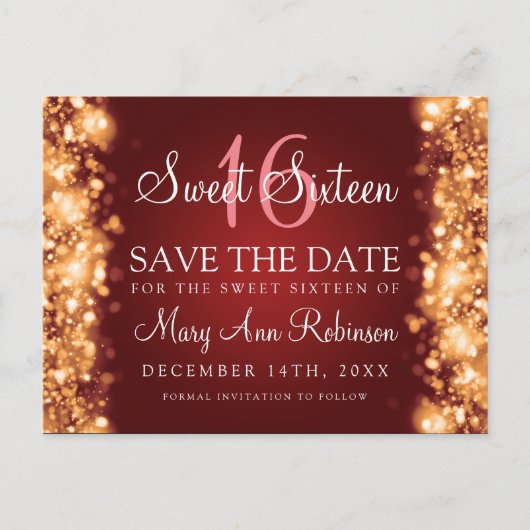 Sweet 16 "Save The Date"ライトきらめく金ゴールド赤 案内ポストカード (正面)