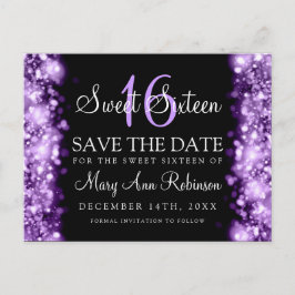 Sweet 16 "Save The Date"ライト紫きらめく色 案内ポストカード