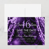 Sweet 16 "Save The Date"紫色のストリングライト 案内ポストカード (正面/裏面)