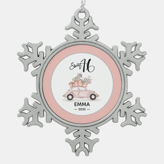 Sweet 16 Script Photo Car Snowflake Ornament スノーフレークピューターオーナメント (正面)