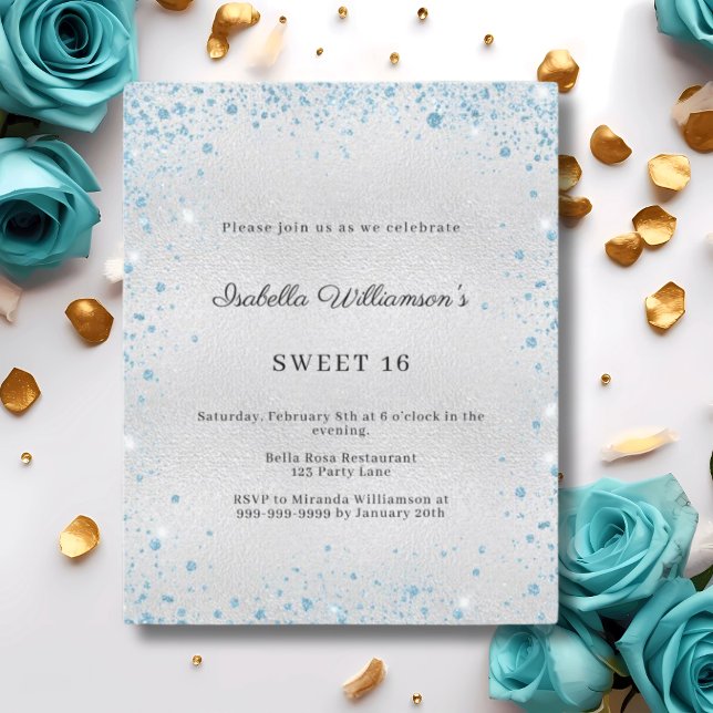 Sweet 16 silver blue glitter party invitation (クリエイターアップロード済み)
