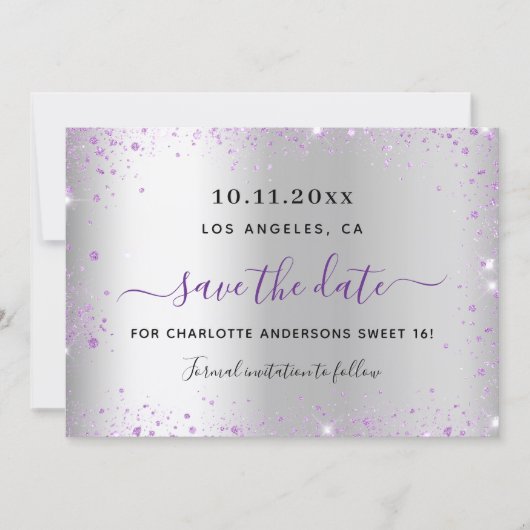 Sweet 16 silver lavender save the date card セーブザデート (正面)