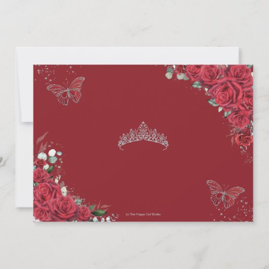 Sweet 16 Silver Red Rose蝶の写真 招待状 (裏面)
