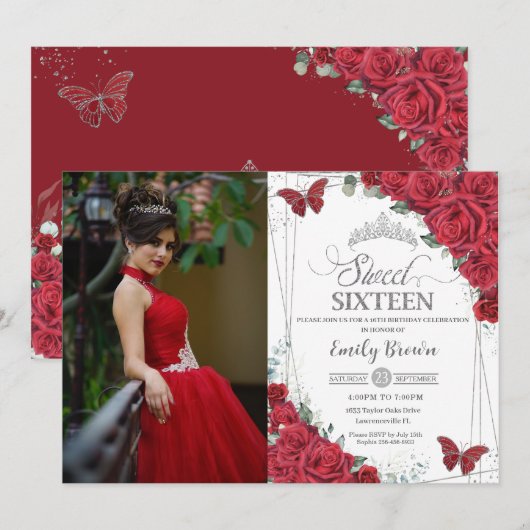 Sweet 16 Silver Red Rose蝶の写真 招待状 (正面/裏面)