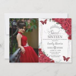 Sweet 16 Silver Red Rose蝶の写真 招待状