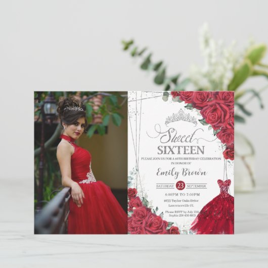Sweet 16 Silver Red Rosesフローラ写真 招待状 (スタンド正面)