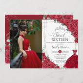 Sweet 16 Silver Red Rosesフローラ写真 招待状 (正面/裏面)