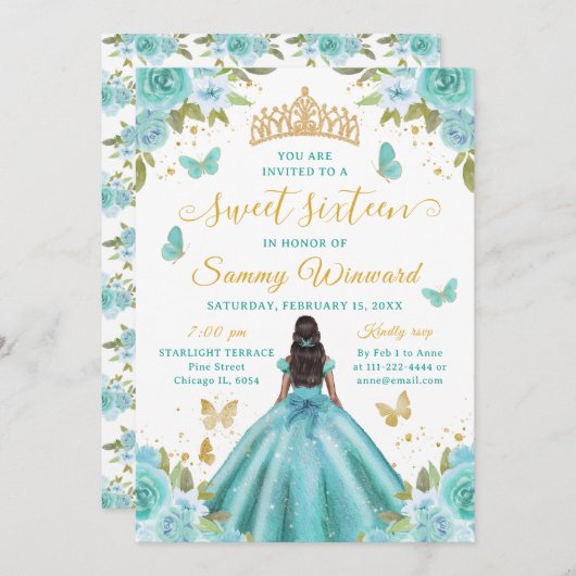 Sweet 16 Turquoise Princess African American Girl 招待状 (正面/裏面)