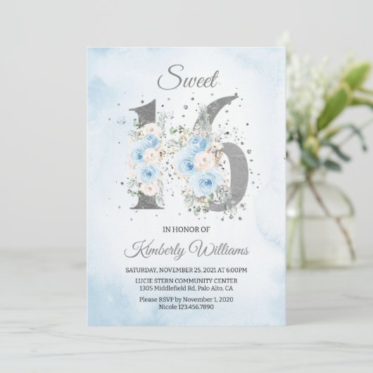 Sweet 16 Watercolor Baby Blue Theme 招待状 (スタンド正面)