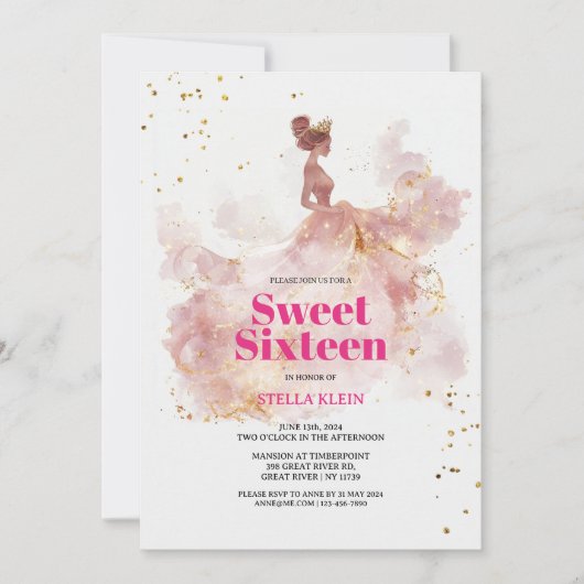 Sweet 16 Watercolor Gold and Pink Glitter 招待状 (正面)