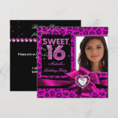 Sweet 16Sweet sixteenホットピンクヒョウ写真 招待状 (正面/裏面)