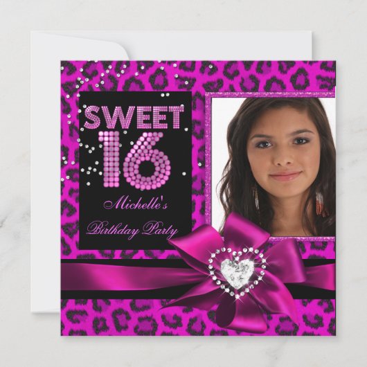Sweet 16Sweet sixteenホットピンクヒョウ写真 招待状 (正面)