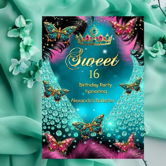 Sweet 16th birthday Party Teal Pink Butterflies 招待状